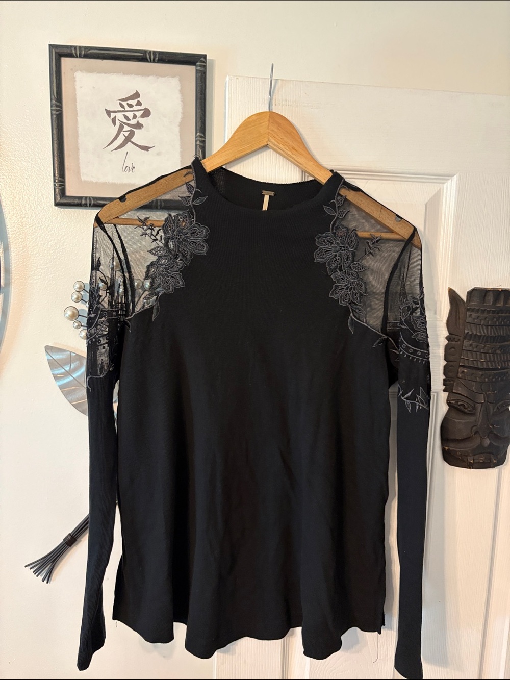 Free People Black Long Sleeve Top with Floral Mesh Yoke
